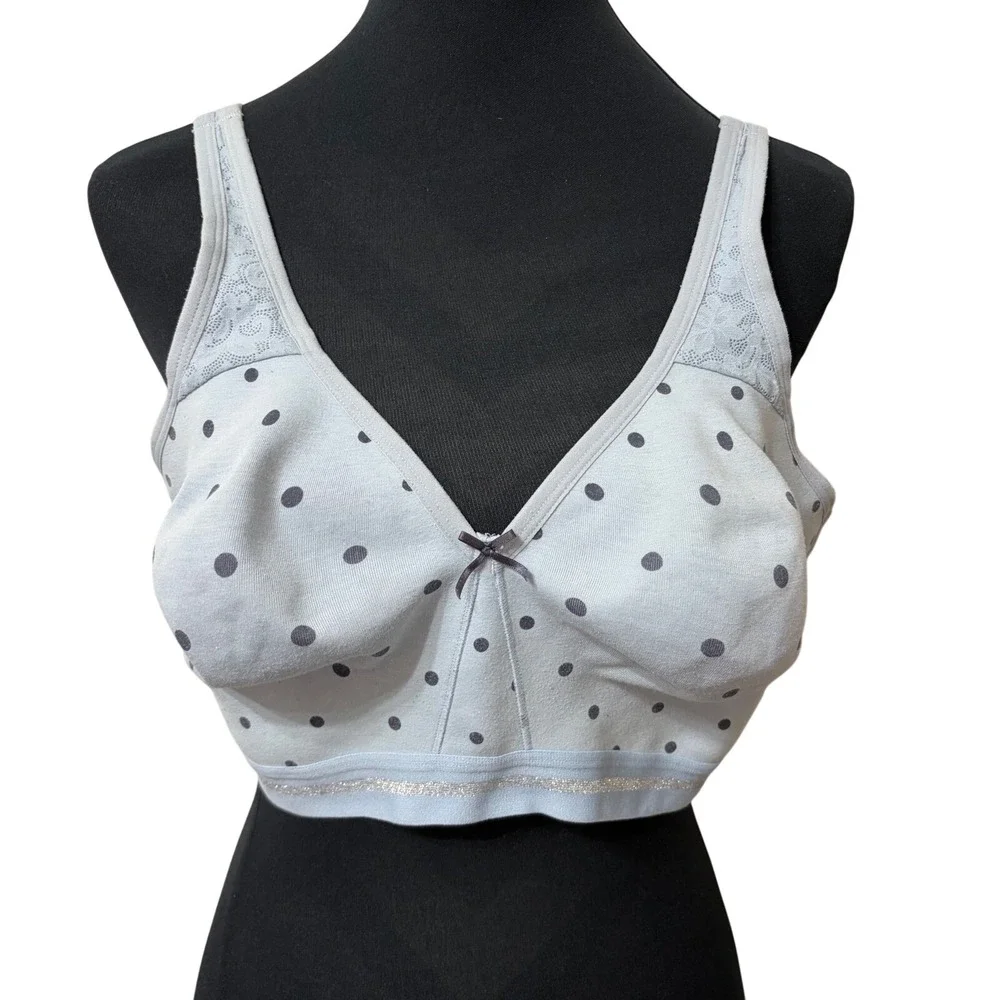 Cacique Lot 2 Wireless Bras 42DD Full Coverage‎ Unlined Blue Polka Dot Gray Logo